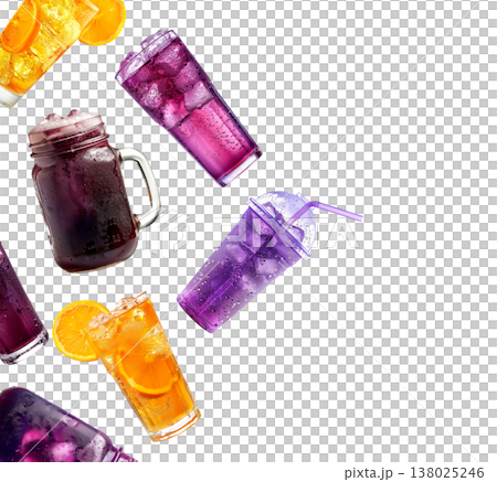 Colorful iced fruit soda drinks in cups and jars isolated on white background conveying refreshment and summer mood 138025246