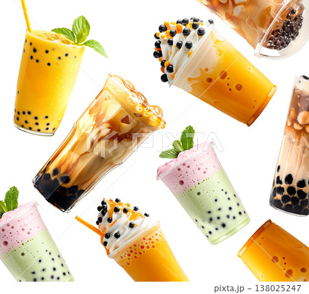 Various colorful bubble tea drinks shown isolated on white background, concept of freshness and sweet beverages Various colorful bubble tea drinks shown isolated on white background, concept of freshness and sweet beverages 138025247