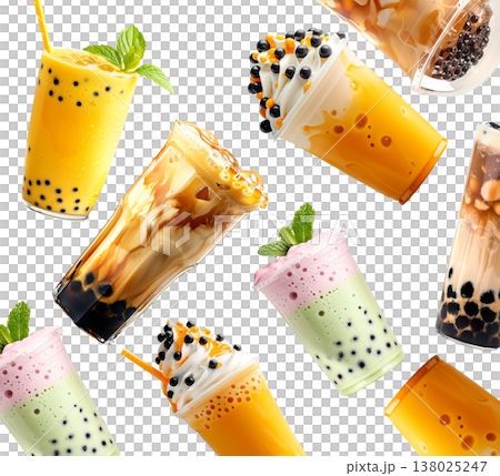 Various colorful bubble tea drinks shown isolated on white background, concept of freshness and sweet beverages Various colorful bubble tea drinks shown isolated on white background, concept of freshness and sweet beverages 138025247