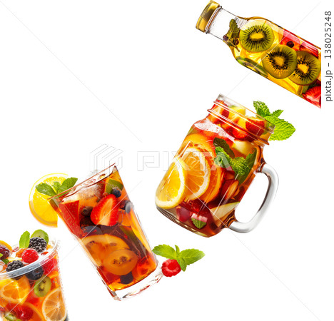 Assorted tea fruity beverages in glass containers isolated on white background, expressing a refreshing drink concept 138025248