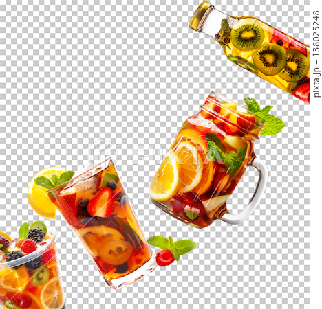 Assorted tea fruity beverages in glass containers isolated on white background, expressing a refreshing drink concept 138025248