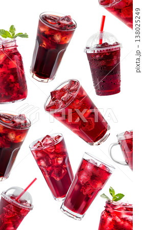Various hibiscus iced tea drinks in clear jars with herbs isolated on white, concept of refreshing summer beverages 138025249
