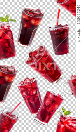 Various hibiscus iced tea drinks in clear jars with herbs isolated on white, concept of refreshing summer beverages 138025249