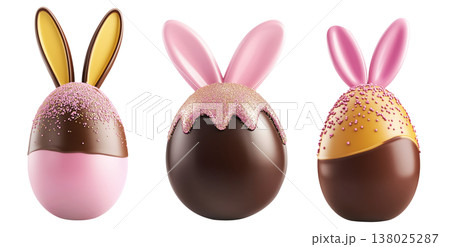 Set of Chocolate Easter egg with pink bunny ears and golden sprinkles isolated on white transparent background. Set of Chocolate Easter egg with pink bunny ears and golden sprinkles isolated on white transparent background. 138025287