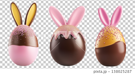 Set of Chocolate Easter egg with pink bunny ears and golden sprinkles isolated on white transparent background. Set of Chocolate Easter egg with pink bunny ears and golden sprinkles isolated on white transparent background. 138025287