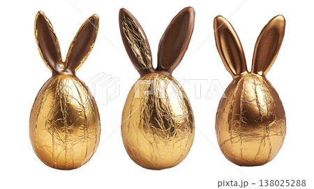 Set of Golden foil wrapped Easter chocolate shaped like a bunny with ears, isolated on white transparent background Set of Golden foil wrapped Easter chocolate shaped like a bunny with ears, isolated on white transparent background 138025288