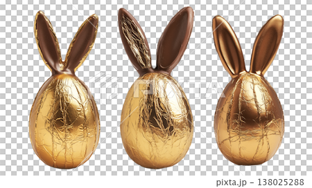 Set of Golden foil wrapped Easter chocolate shaped like a bunny with ears, isolated on white transparent background Set of Golden foil wrapped Easter chocolate shaped like a bunny with ears, isolated on white transparent background 138025288