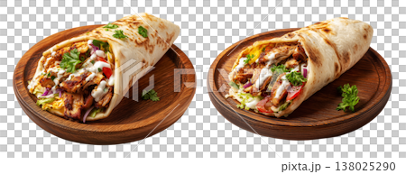 Falafel wrap filled with fresh vegetables and tahini drizzle sauce served on wooden plate, isolated on white, Arabic cuisine Falafel wrap filled with fresh vegetables and tahini drizzle sauce served on wooden plate, isolated on white, Arabic cuisine 138025290