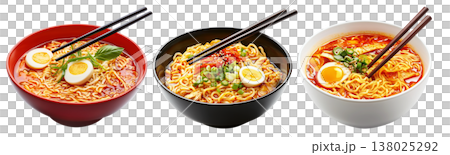 Delicious Korean ramen with boiled eggs, grilled pork, onions, and seaweed in black bowl isolated on white background Delicious Korean ramen with boiled eggs, grilled pork, onions, and seaweed in black bowl isolated on white background 138025292