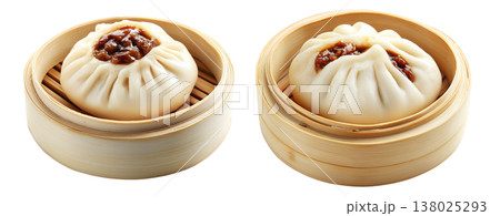 Chinese steamed buns Char Siu Bao with sweet barbecued pork filling in bamboo steamer basket isolated on white 138025293