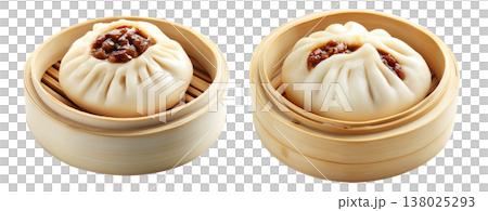 Chinese steamed buns Char Siu Bao with sweet barbecued pork filling in bamboo steamer basket isolated on white 138025293