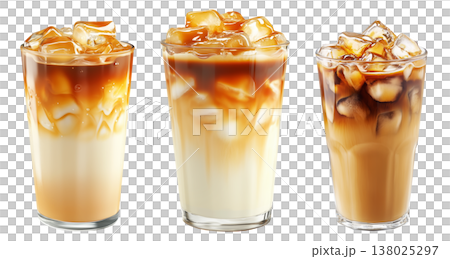 Iced latte Vietnamese Ca Phe Sua Da made with cold milk and espresso in tall clear glass, isolated on white background 138025297