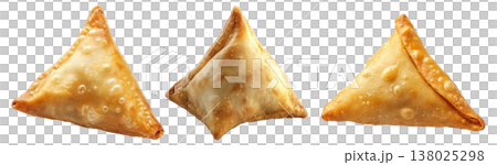 Golden brown crispy samosas isolated on white transparent background, traditional Indian snack concept 138025298