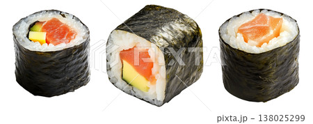 Sushi roll Maki with salmon, avocado, cucumber and rice wrapped in seaweed, isolated on white transparent background Sushi roll Maki with salmon, avocado, cucumber and rice wrapped in seaweed, isolated on white transparent background 138025299