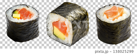 Sushi roll Maki with salmon, avocado, cucumber and rice wrapped in seaweed, isolated on white transparent background Sushi roll Maki with salmon, avocado, cucumber and rice wrapped in seaweed, isolated on white transparent background 138025299