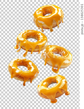 Multiple caramel glazed donuts with shiny topping arranged in seamless pattern and isolated on white background Multiple caramel glazed donuts with shiny topping arranged in seamless pattern and isolated on white background 138025301