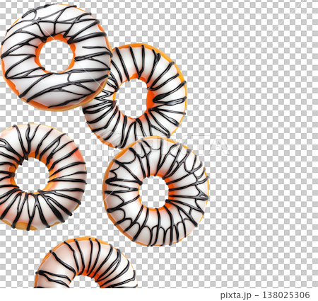 Multiple round glazed donuts with white icing and chocolate drizzle isolated on white background, concept of sweet dessert concept 138025306