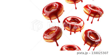 Glossy red glazed donuts with syrup dripping, isolated on white background. Concept of sweet dessert and indulgence Glossy red glazed donuts with syrup dripping, isolated on white background. Concept of sweet dessert and indulgence 138025307