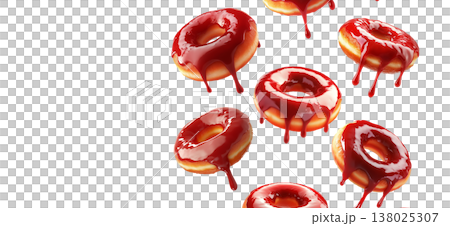 Glossy red glazed donuts with syrup dripping, isolated on white background. Concept of sweet dessert and indulgence Glossy red glazed donuts with syrup dripping, isolated on white background. Concept of sweet dessert and indulgence 138025307