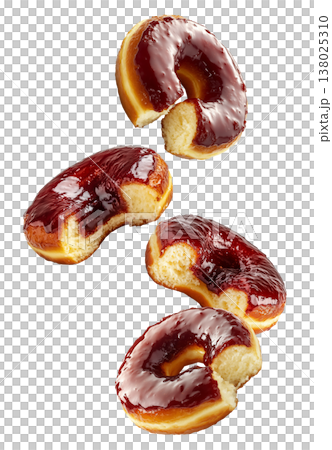 Multiple bitten jelly donuts with glossy glaze isolated on white background. Concept of sweet craving or tasty dessert temptation 138025310