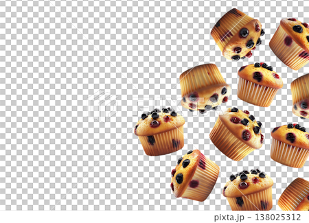 Multiple freshly baked blueberry and cranberry muffins scattered and isolated on white background, concept of delicious bakery 138025312