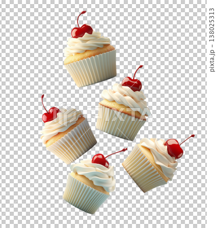 Multiple vanilla cupcakes topped with whipped cream and cherry scattered and on white background, sweet dessert concept Multiple vanilla cupcakes topped with whipped cream and cherry scattered and on white background, sweet dessert concept 138025313