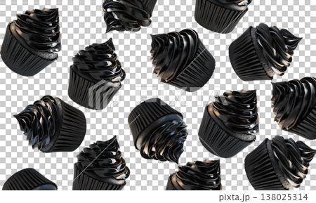 Multiple glossy black chocolate cupcakes scattered in seamless pattern, on white background, concept of modern dessert aesthetics Multiple glossy black chocolate cupcakes scattered in seamless pattern, on white background, concept of modern dessert aesthetics 138025314