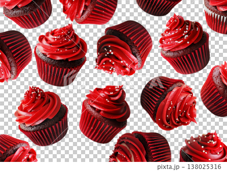 Chocolate cupcakes with red frosting and sprinkles, isolated on white background. Concept of dessert, sweets, celebration treat Chocolate cupcakes with red frosting and sprinkles, isolated on white background. Concept of dessert, sweets, celebration treat 138025316