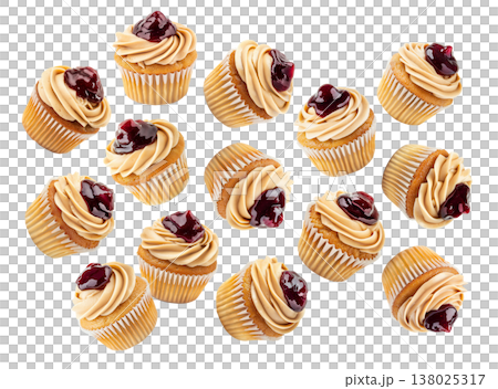Multiple cupcakes with caramel frosting and cherry topping scattered on white background, sweet dessert pattern concept Multiple cupcakes with caramel frosting and cherry topping scattered on white background, sweet dessert pattern concept 138025317