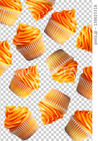 Multiple orange frosted cupcakes scattered in a seamless pattern isolated on a white background, concept of dessert variety 138025318