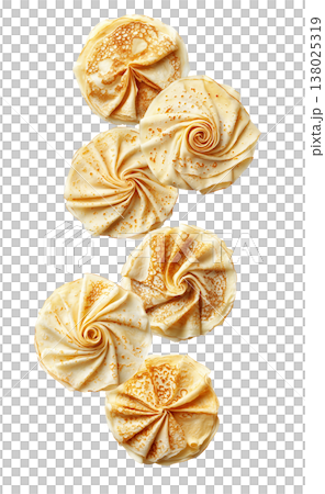 Folded pancakes arranged in elegant rosette swirls, view from above, isolated on white background. Concept of breakfast food art 138025319
