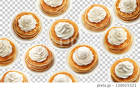 Repeating pattern of golden pancakes topped with whipped cream on plates, isolated over a white background, concept of breakfast Repeating pattern of golden pancakes topped with whipped cream on plates, isolated over a white background, concept of breakfast 138025321