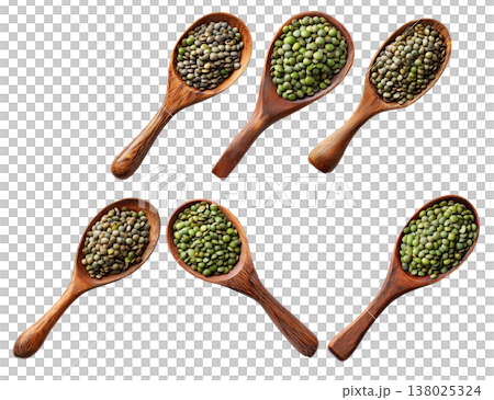 Green lentils falling from rustic wooden scoop, isolated on white background, concept of natural food and legumes Green lentils falling from rustic wooden scoop, isolated on white background, concept of natural food and legumes 138025324