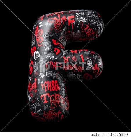 3D inflated F letter filled with bold graffiti tag in street art style on black backdrop with clipping path, urban creativity vibe 138025339