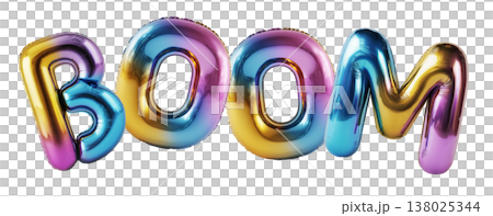 Multicolor metallic BOOM balloon letters shown in glossy style isolated on white background, symbolizing celebration and fun Multicolor metallic BOOM balloon letters shown in glossy style isolated on white background, symbolizing celebration and fun 138025344