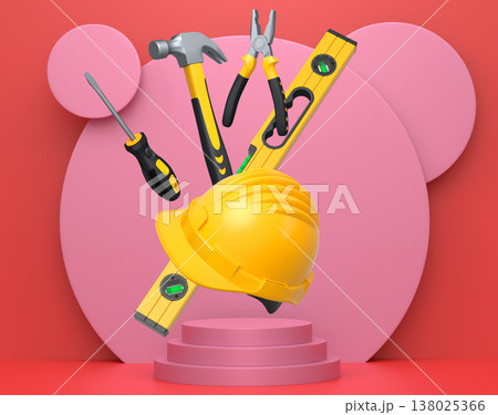Construction tools and safety equipment floating over podium on abstract background, industrial work and protection concept Construction tools and safety equipment floating over podium on abstract background, industrial work and protection concept 138025366