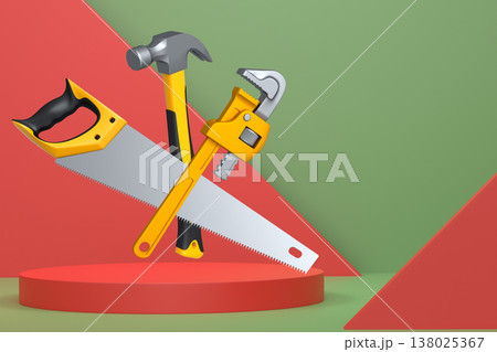 Colorful saw, hammer, and wrench floating in mid-air above white pedestal or podium, concept of construction and repair Colorful saw, hammer, and wrench floating in mid-air above white pedestal or podium, concept of construction and repair 138025367