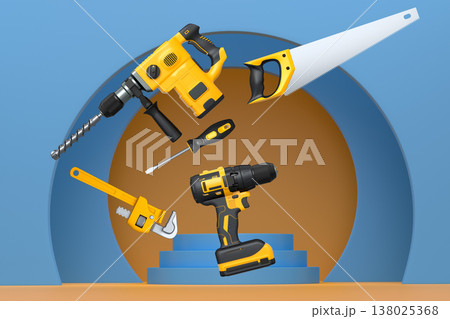 Construction tools and safety equipment floating over podium on abstract background, industrial work and protection concept Construction tools and safety equipment floating over podium on abstract background, industrial work and protection concept 138025368