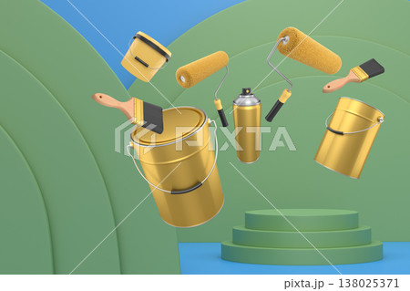 Brushes, paint bucket and roller brush floating in air over podium on abstract background, renovation and construction tools Brushes, paint bucket and roller brush floating in air over podium on abstract background, renovation and construction tools 138025371