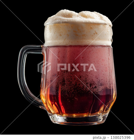 Foamy red ale beer in a mug glass with creamy foam head, isolated on black background, concept of refreshment and taste Foamy red ale beer in a mug glass with creamy foam head, isolated on black background, concept of refreshment and taste 138025396
