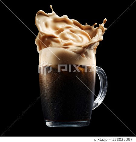 Foamy stout beer splash in clear mug glass, on dark background with clipping path, concept of refreshment and celebration Foamy stout beer splash in clear mug glass, on dark background with clipping path, concept of refreshment and celebration 138025397