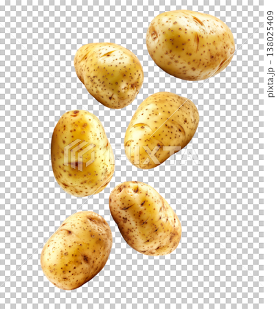 Fresh raw potatoes with skin, scattered and isolated on white background, concept of organic food ingredients Fresh raw potatoes with skin, scattered and isolated on white background, concept of organic food ingredients 138025409