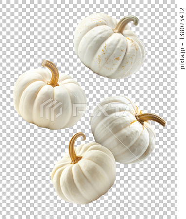 White mini pumpkins with natural stems and speckles, in a scattered layout isolated on white background. 138025412