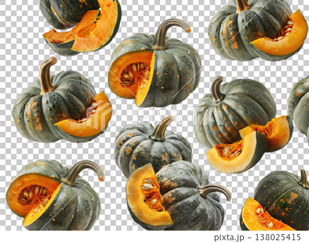 Assorted green and orange pumpkins scattered in a seamless pattern isolated on white background Assorted green and orange pumpkins scattered in a seamless pattern isolated on white background 138025415