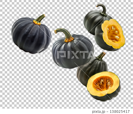Assorted green and orange pumpkins scattered in a seamless pattern isolated on white background 138025417