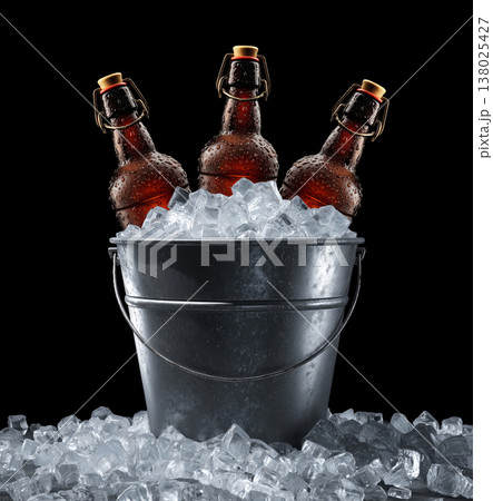 Set of cold beer bottles in a metal bucket filled with ice on black background with clipping path, concept of refreshment 138025427