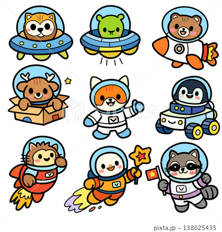 Cute animal astronaut space suit spaceship rocket cartoon happy playful colorful white background Cute animal astronaut space suit spaceship rocket cartoon happy playful colorful white background 138025435
