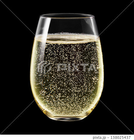 Trumpet clear wine glass filled with sparkling champagne and bubbles on black background with clipping path 138025437