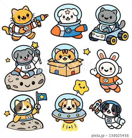 Cute astronaut animal cartoon cat dog rabbit space suit helmet playful star moon spaceship 138025438