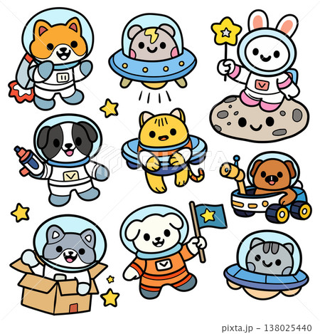 Cute animal astronaut space suit spaceship moon flag cartoon happy star adventure Cute animal astronaut space suit spaceship moon flag cartoon happy star adventure 138025440